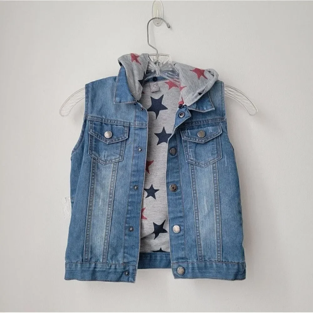 Boys or Girls Denim with Cotton Lined Front Open Buttons Hooded Vest Size 5-6